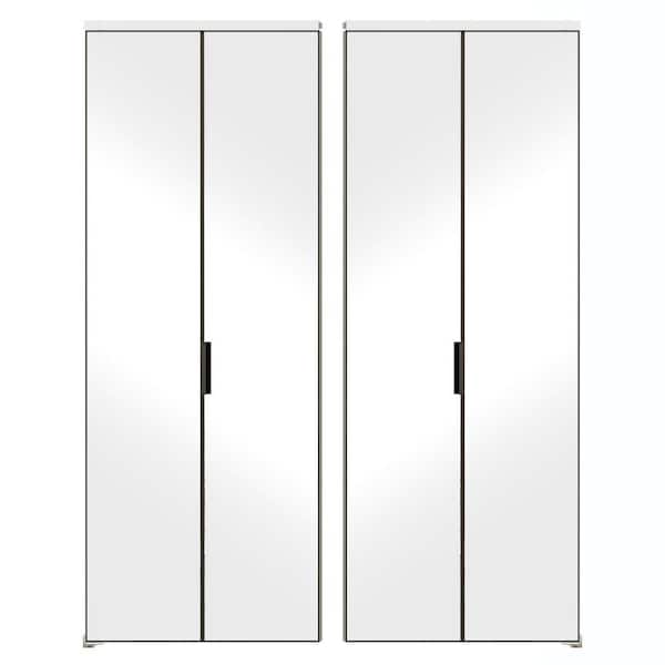 TENONER 60 in. x 80 in. Mirrored Glass, White, Hollow Core, MDF, Aluminum Frame, Full Lite Bi-Fold Doors with Hardware Kits