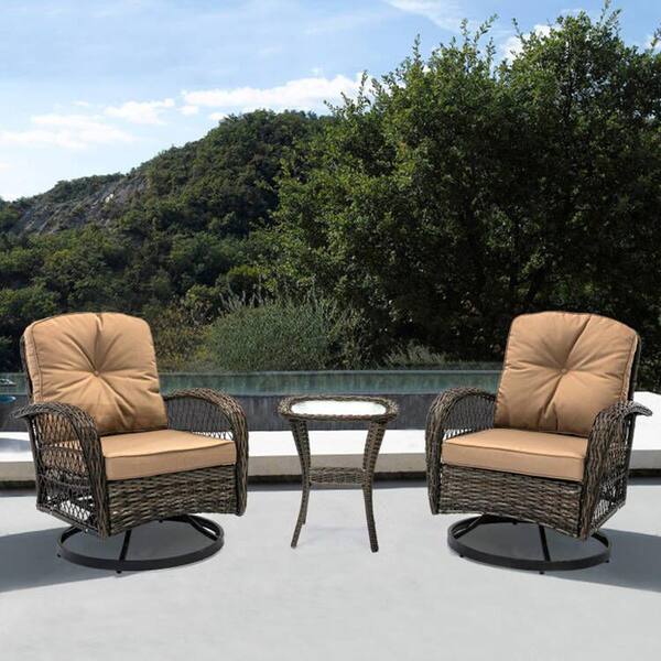 OUPES 3-Piece Wicker Patio Conversation Set with Swivel Chair and Brown Cushions