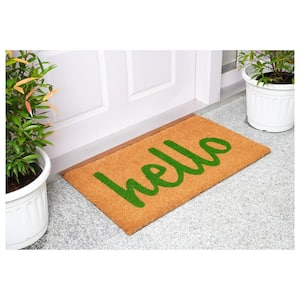 Hello Natural/Green Script 17 in. x 29 in. Door Mat