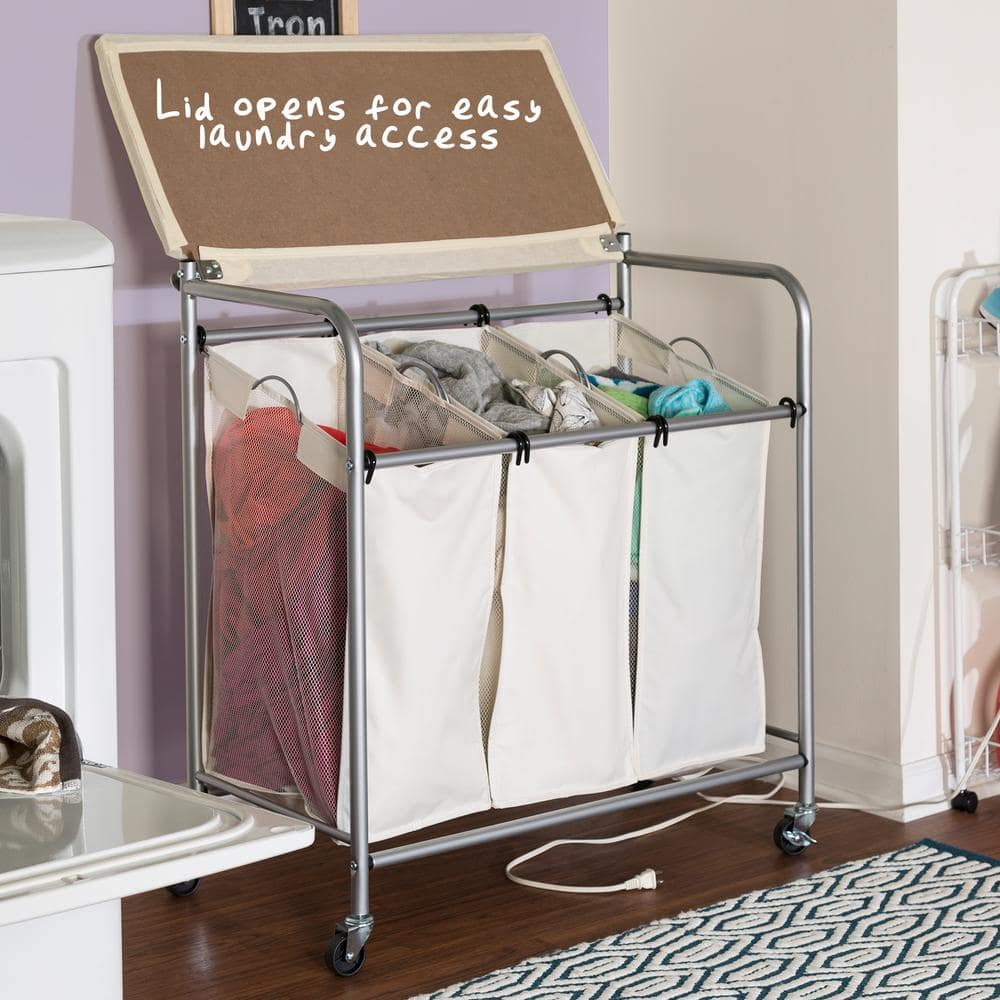 Natural Triple Laundry Sorter with Ironing Board and Locking Wheels