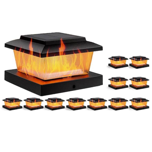 12-Pack Black Fence Post Solar Lights for 4 x 4 Wood Vinyl Posts, Warm White and Flickering Flame Modes, Waterproof