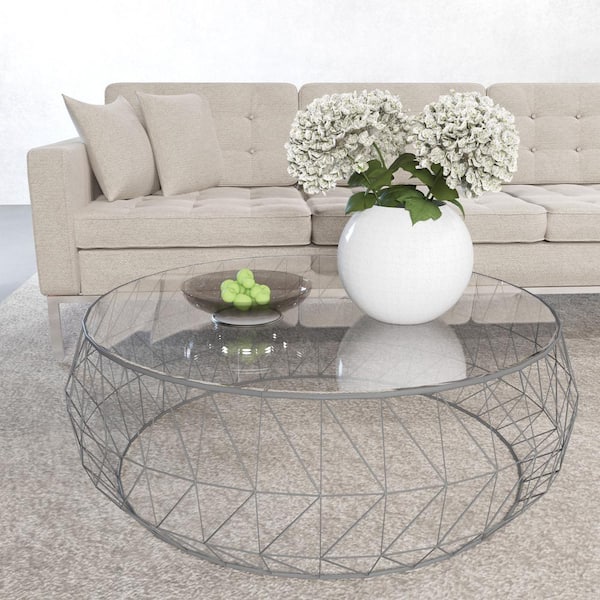 Leisuremod Malibu 34.5 in. Grey Round Tempered Glass Tabletop Coffee Table with Geometric Metal Base