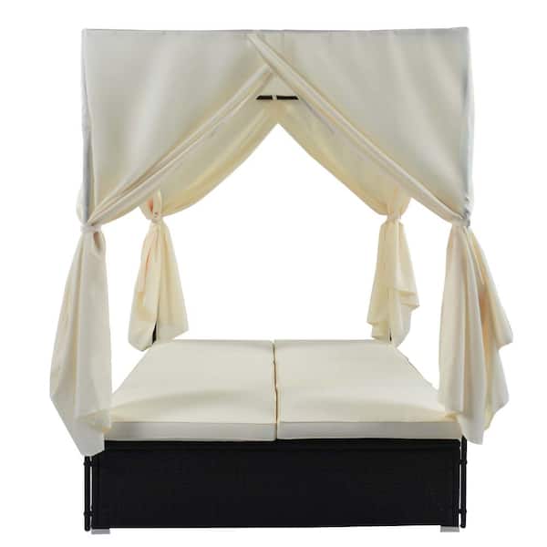 U_STYLE Outdoor Double Chaise Lounge Daybed with Curtains,Patio Outdoor Sunbed with Adjustable Backrest, Sturdy Steel Fr