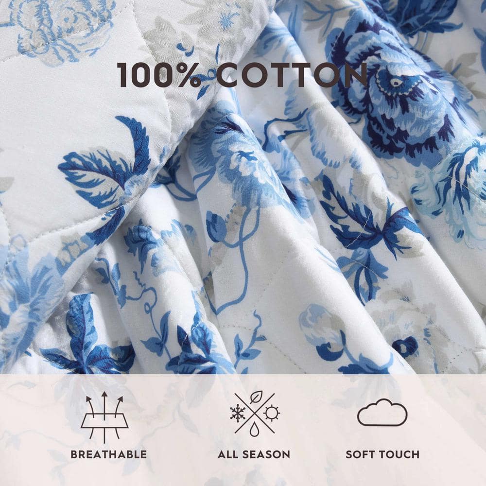 Full Blue Cotton Reversible Floral Quilt Set