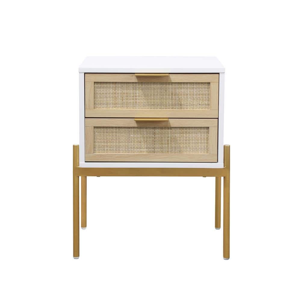 White and Gold Rattan 2-Drawer End Table with Metal Legs