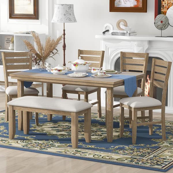 Unbranded 6-Piece Natural Wood Wash Outdoor Dining Set with White Cushions, Dining Table and Chairs with Bench for Dining, Kitchen