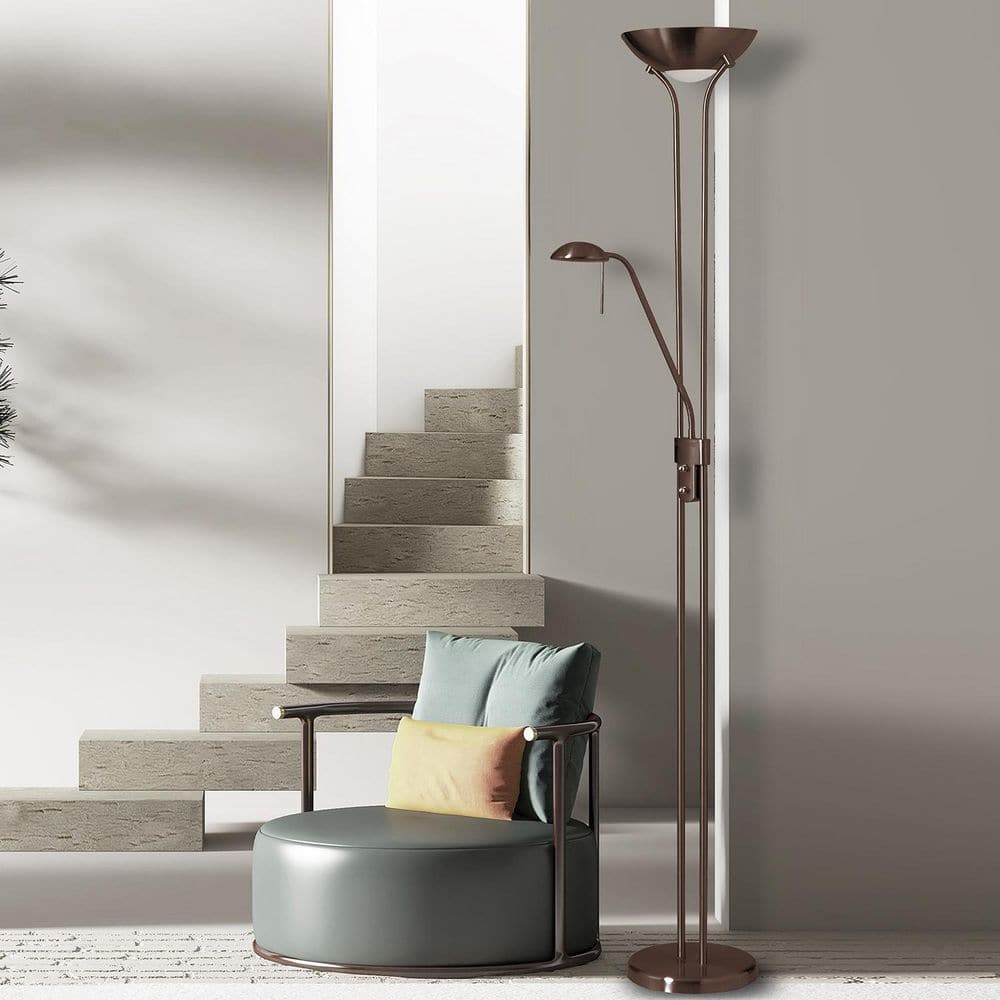 Oil Brushed Bronze Dual-Light Adjustable Floor Lamp with White Glass Accents