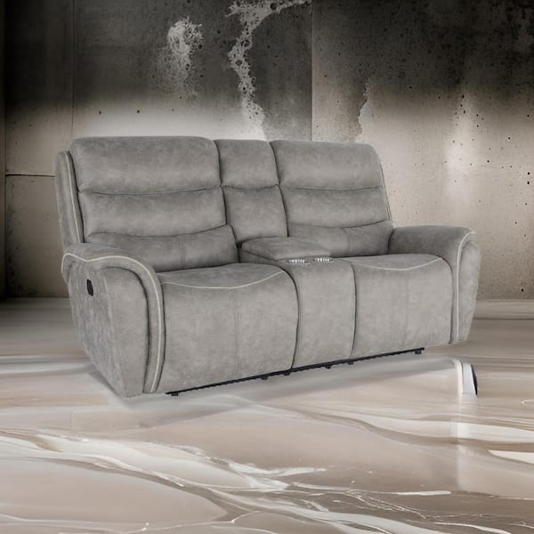 Benjara 79.5 in. Pillow Top Arm Faux Leather Rectangle Console Loveseat Recliner Sofa in. Gray