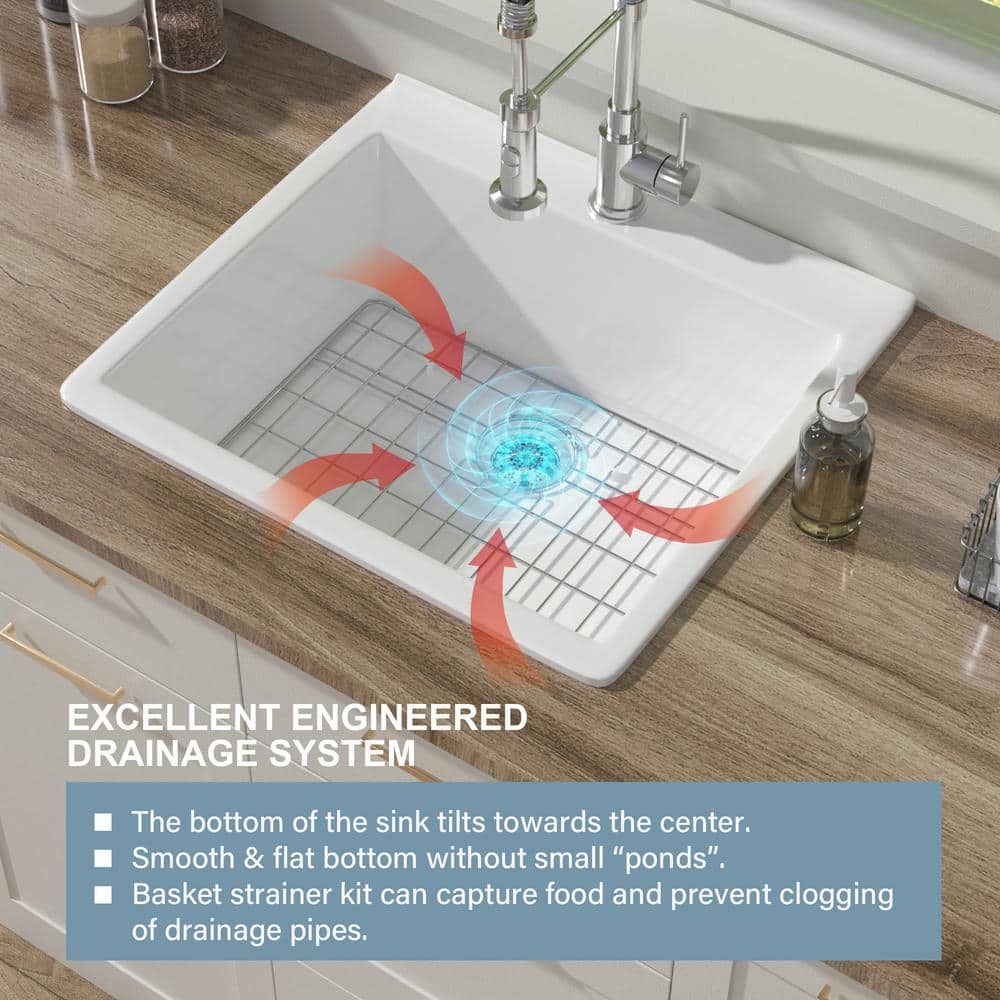 24'' White Fireclay Drop-In Single Bowl Kitchen Sink