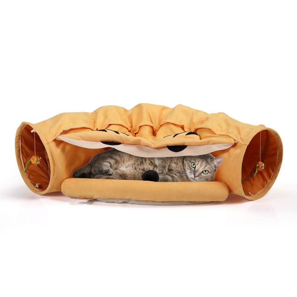 Medium Yellow Plush Polyester Cat Tunnel Bed