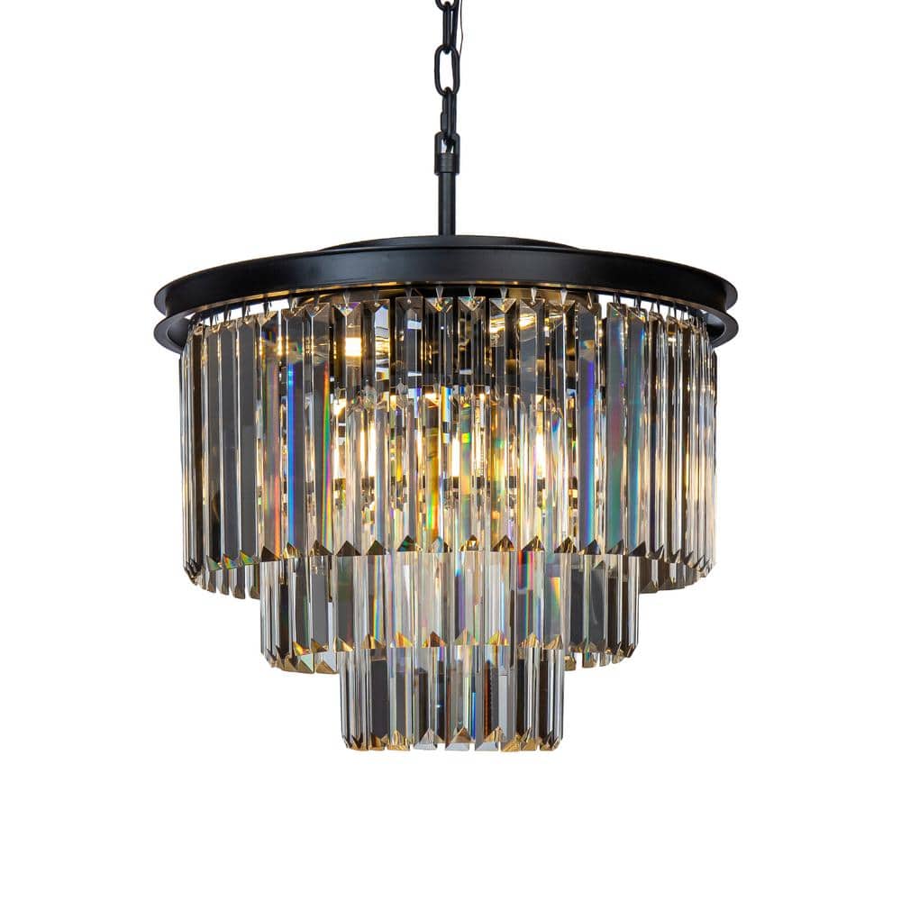 Matte Black 3-Tier Crystal Fringe Chandelier with 6 Lights