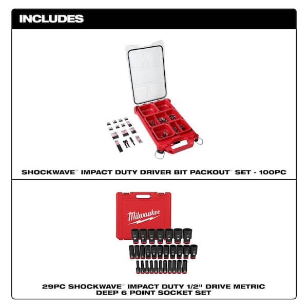 SHOCKWAVE Screw Driver Bit Set with PACKOUT Case and 1/2 in. Drive SAE Deep Well Impact Socket Set (129-Piece)