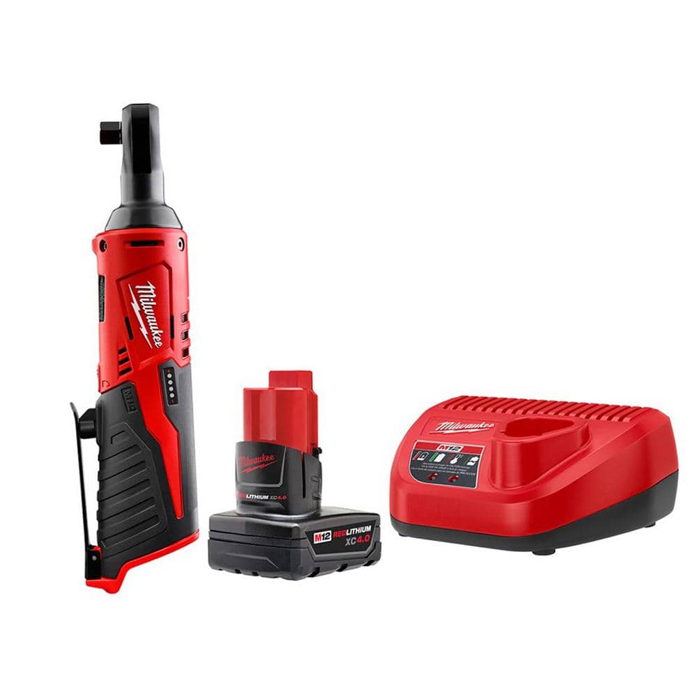 Milwaukee M12 12V Lithium-Ion Cordless 3/8 in. Ratchet with M12 4.0 Ah Starter Kit -  2457-20-2440