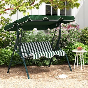 3-Person Green Steel Frame Patio Canopy Swing Hammock with Green/White Cushion