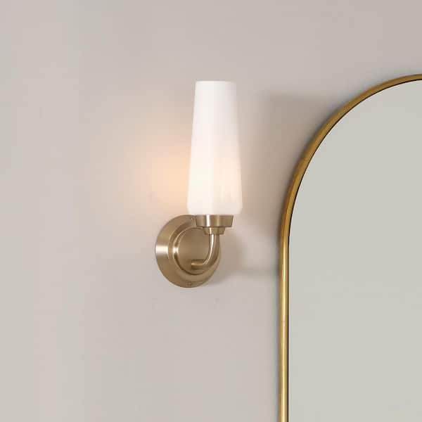Truby 11.5 in. 1-Light Champagne Bronze Bathroom Indoor Wall Sconce Light with Satin Etched Cased Opal Glass