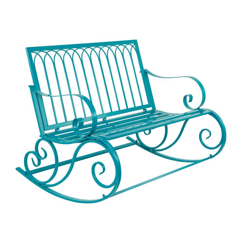 Teal Metal Rocking Outdoor Bench with Scrolled Armrests