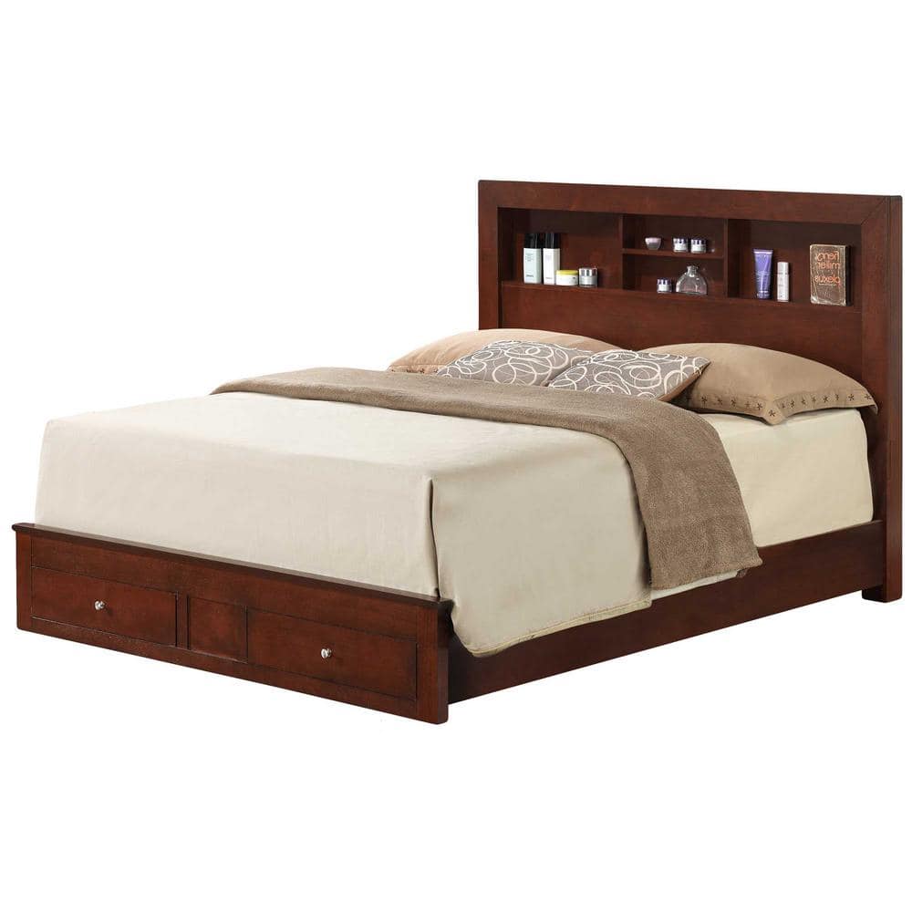 Cherry Full Double Captain's Bed with Upholstered Headboard and Storage
