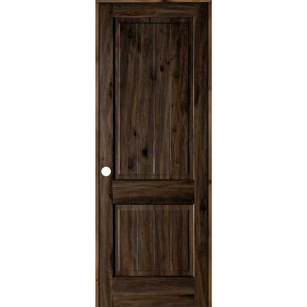 Krosswood Doors 36 in. x 96 in. Knotty Alder 2 Panel Right-Hand Square Top V-Groove Black Stain Solid Wood Single Prehung Interior Door