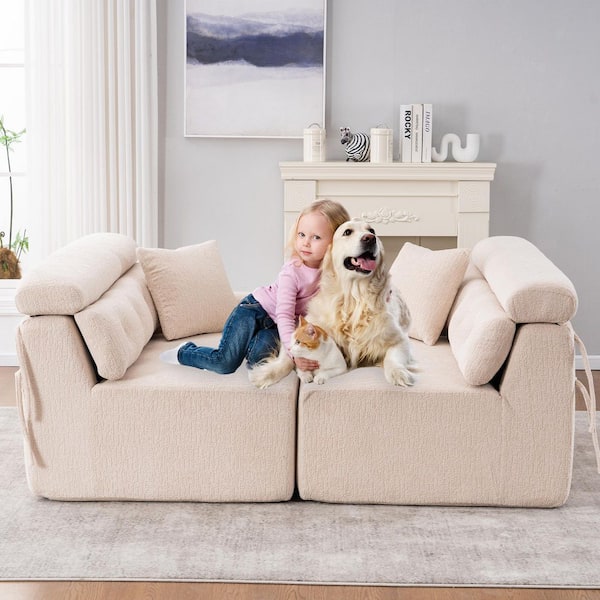 103.2 in. Wood Grain Chenille Full Sponge Compression Sectional Sofa with 2 Pillows in. Apricot Cream