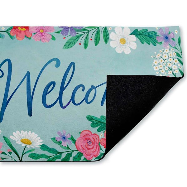 Welcome Dreamy Garden Blue 18 in. x 30 in. Polyester Non-Slip Outdoor Door Mat