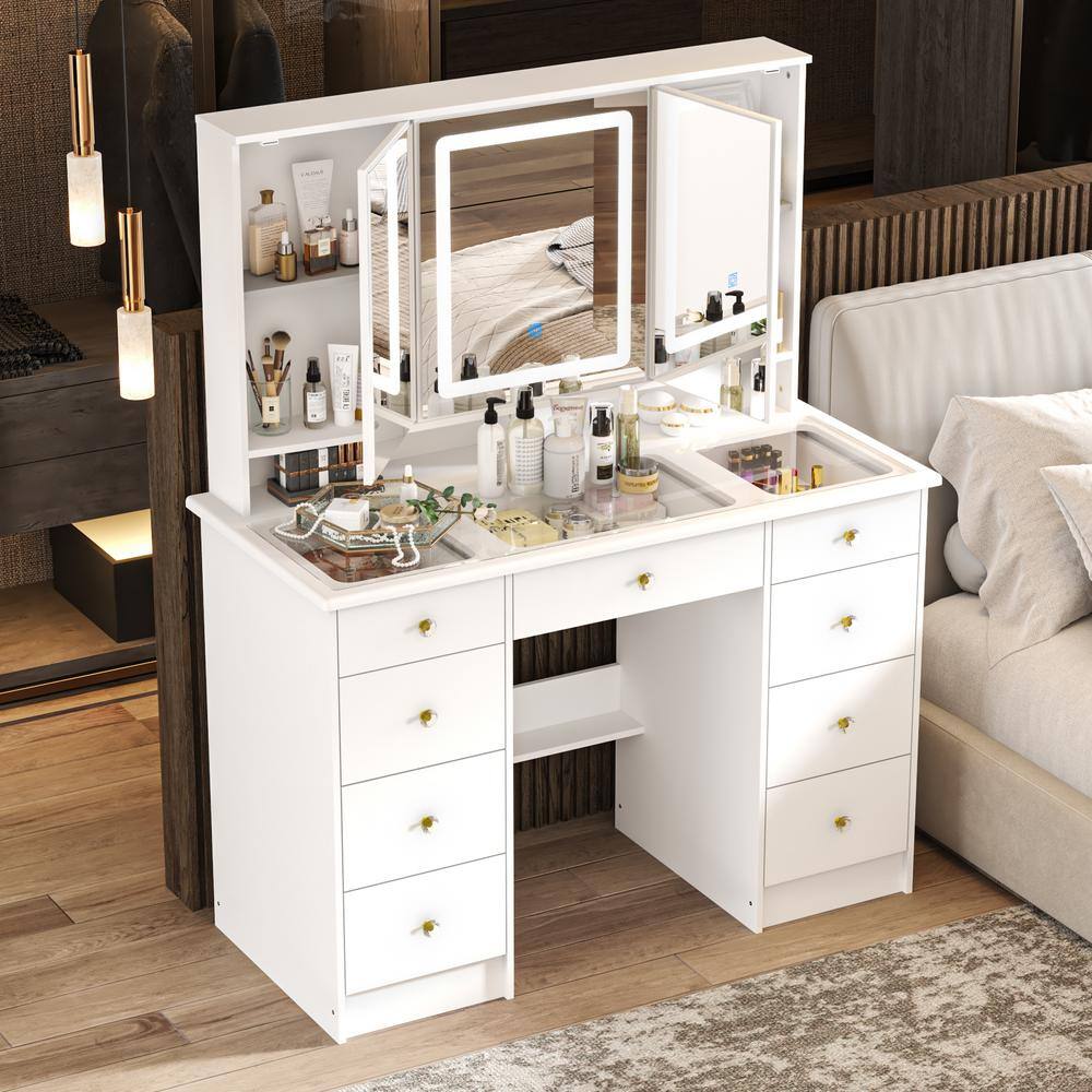 FUFU&GAGA White Makeup Vanity Desk 9 Drawers Wood Dressing Table With 3