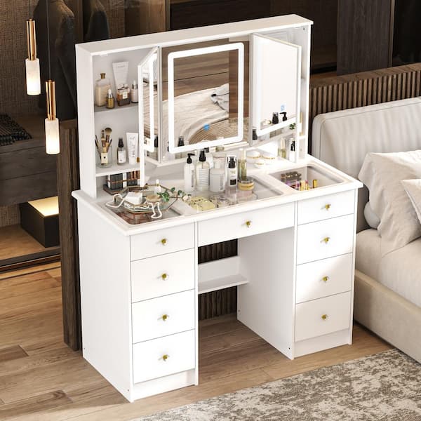 FUFU&GAGA White Makeup Vanity Desk 9 Drawers Wood Dressing Table With 3 ...