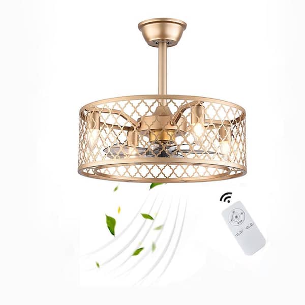 20 in. Gold Indoor Metal Caged Semi Flush Mount Ceiling Fan with Light Kit and Remote Control