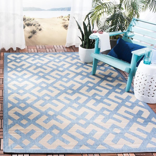 Courtyard Beige/Blue 8 ft. x 11 ft. Geometric Indoor/Outdoor Patio  Area Rug