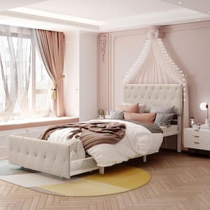 Twin Size Beige Steel Platform Bed with A Big Drawer, Upholstered Platform Bed with Tufted Headboard and Footboard