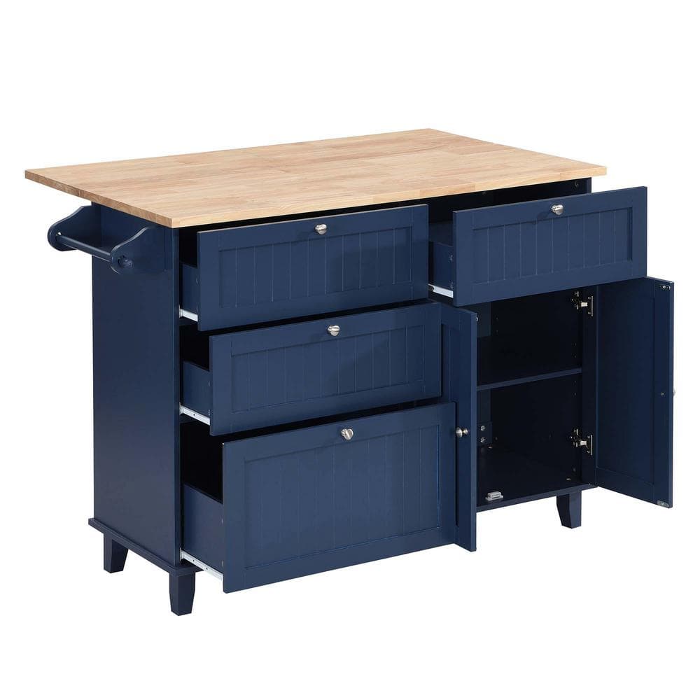 Blue Solid Wood Kitchen Island with Drawers and Storage Cabinet