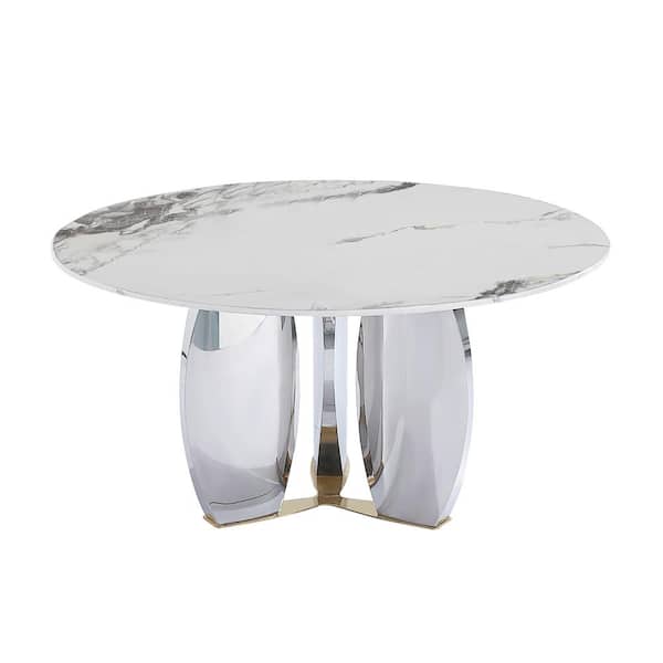 Lesly Modern Round Pandora Colored Patek Philippe Stone Top 53.15 in. Stainless Steel Mirror Pedestal Dining Table (4 Seats)