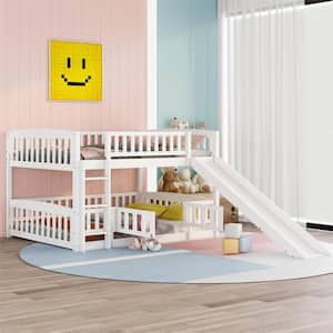 White Full Over Full Low Bunk Bed with Slide, Fence and Ladder for Toddler Kids Teens