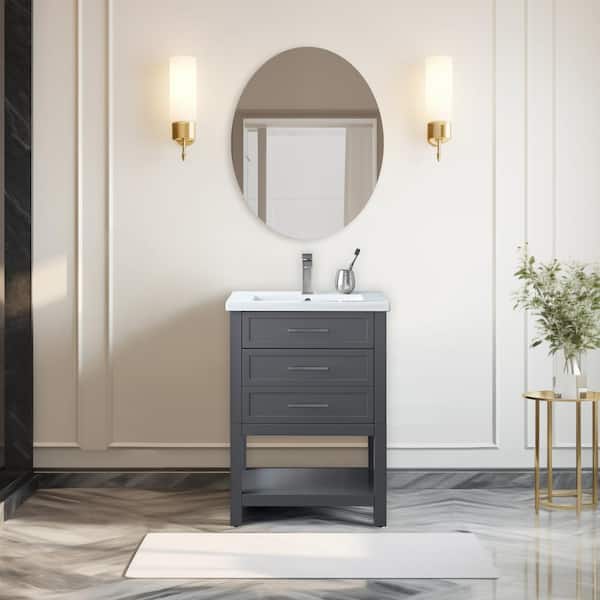 SUDIO Arlo 24 in. W x 18 in. D x 34 in. H Bath Vanity in Dark Gray with White Ceramic Top