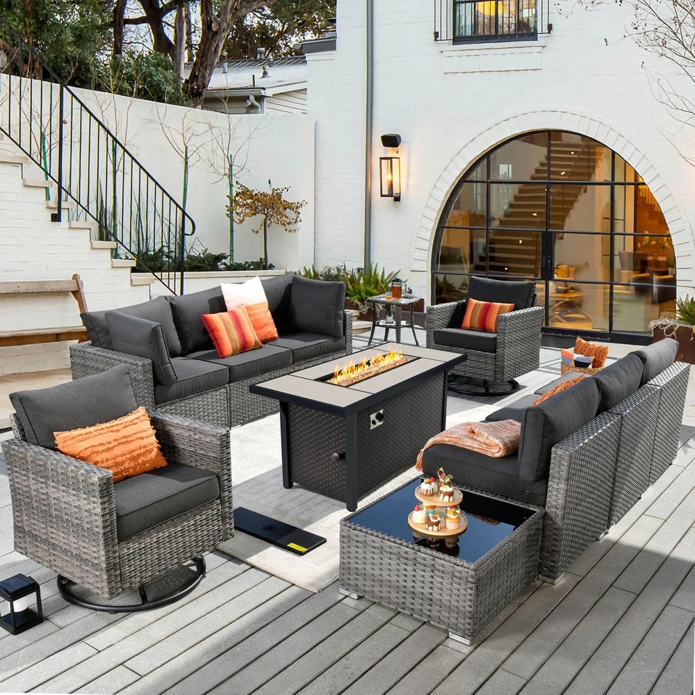 Ethereal Grove 11-Pieces Wicker Outdoor Patio Rectangular Fire Pit Set and Swivel Rocking Chairs with Black Cushions price history on PriceWatchPro