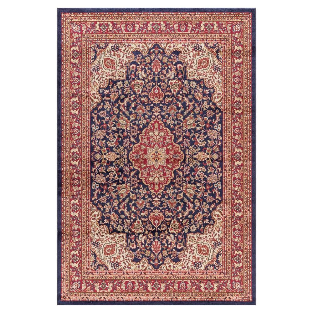 Navy and Red Traditional Synthetic Medium Pile Area Rug
