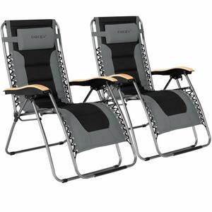 2-Pieces Folding Zero Gravity Chair Padded Lounge Chair with Beech Armrests Grey