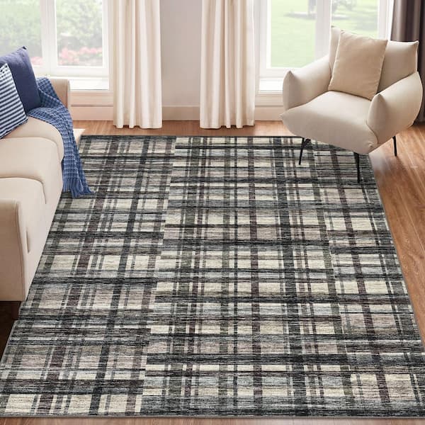 Green Brown 9 ft. x 12 ft. Modern Striped Geometric Pattern Nonshedding Low Pile Bedroom Living Room Office Area Rug