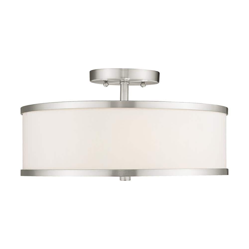 Elegant Brushed Nickel 3-Light Semi-Flush Drum with Off-White Fabric Shade