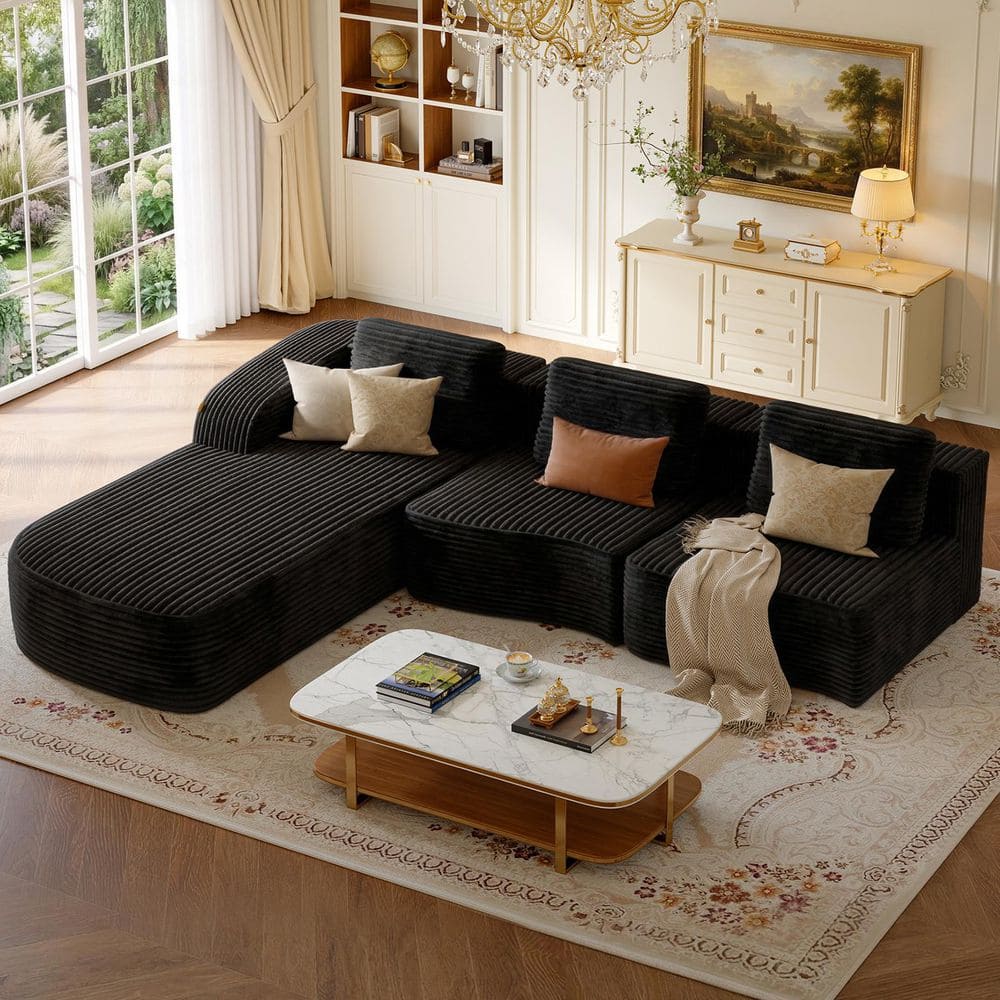 111.8 in. Wide Modern Wave Curved Striped Fabric L-Shape Modular Sectional Sofa in. Black with Left-Facing Chaise