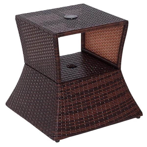 Rattan Patio Side Table with Umbrella Hole, 2-Tier Outdoor End Table with Storage Shelf for Garden, Pool, Deck, Brown