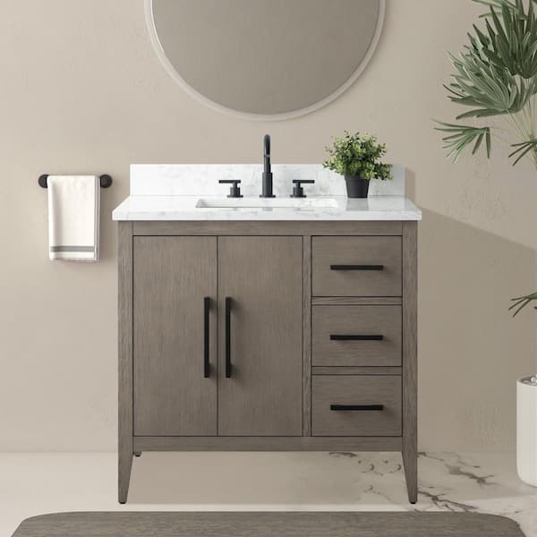 36 in. W x 22 in. D x 34 in. H Single-Sink Bath Vanity in Driftwood Gray with Engineered Marble Top in Arabescato White