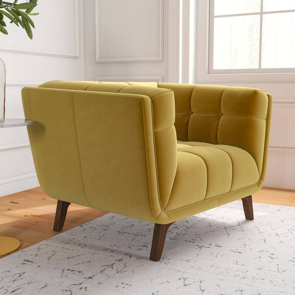 Mid-Century Modern Yellow Velvet Accent Chair with Wood Legs