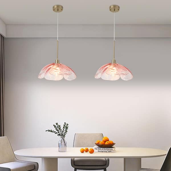 1 Light Brass Frame Industrial Hanging Pendant Light Chandelier with Light Red Glass Shade