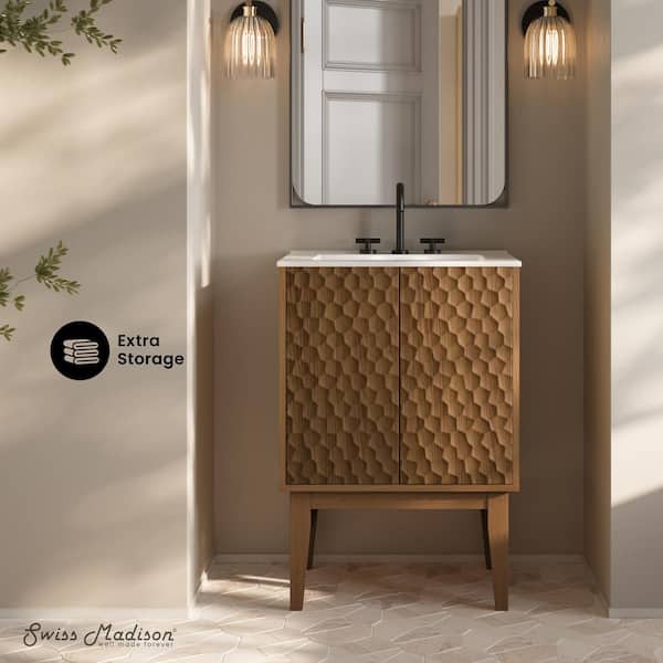 Bosse 24 in. Freestanding Bathroom Vanity in Brown Oak with White Ceramic 3-Hole Centerset Sink Top
