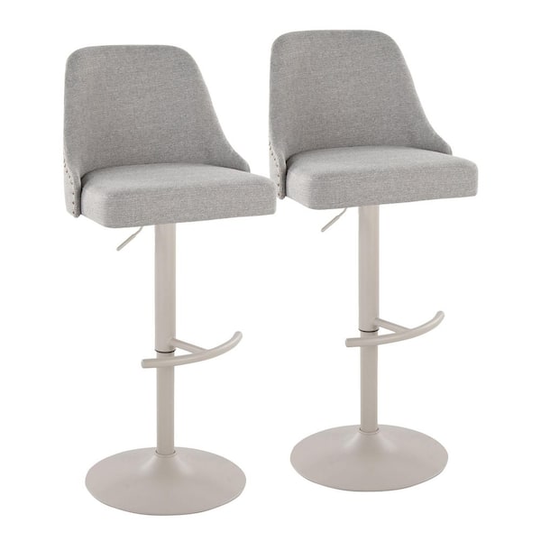 Studded Marcel 34 in. Light Grey Fabric, Pearl Grey Metal, and Brass Metal Adjustable Barstool (Set of 2)