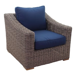Tivoli Club Chair in Teak Full Round Wicker Aluminium Frame Polyester with Navy Cushions