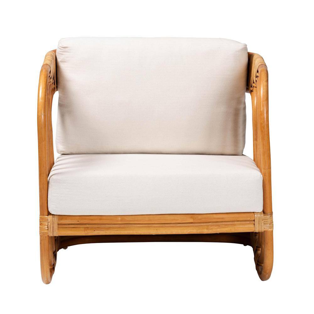 Handcrafted White Rattan Bohemian Accent Chair with Cushions