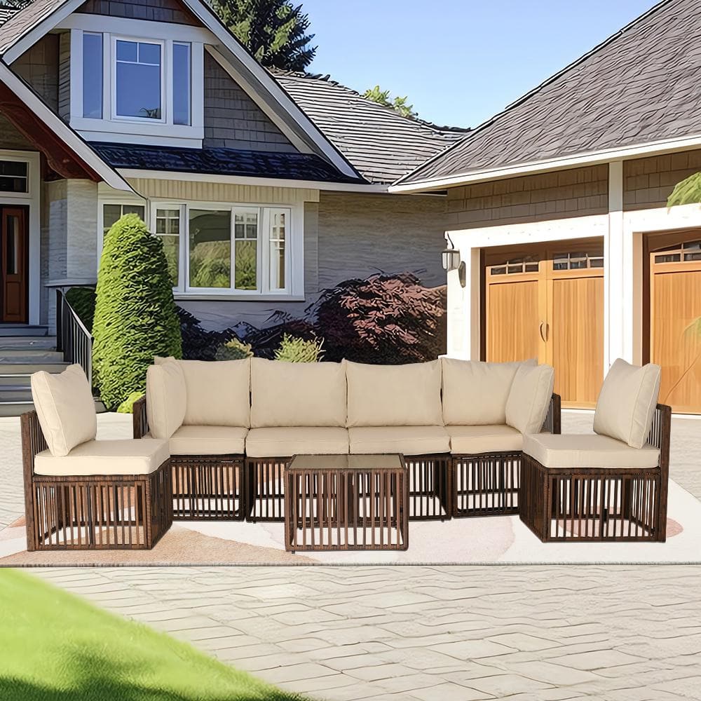 Brown 7-Piece Wide Rattan Wicker Outdoor Patio Sectional Set with Beige Cus