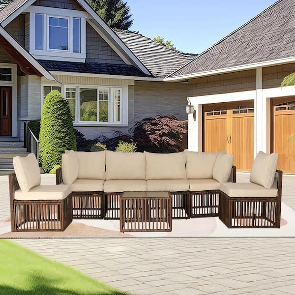 Unbranded Brown 7-Piece Wide Rattan Wicker Outdoor Patio Sectional Set with Beige Cushions, 2-Corner Chairs and 1-Coffee Table