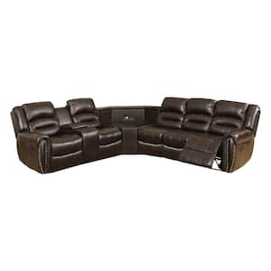 Amelia 4-Piece Brown Faux Leather L-Shaped Left-Facing Motion Reclining Sectional Sofa with Storage Consoles